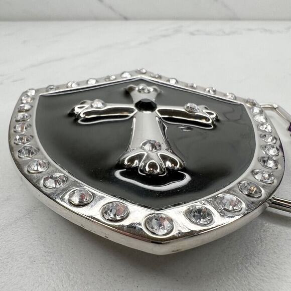 Rhinestone Cross Shield Black Silver Belt Buckle Western Gothic Statement ✨ - Picture 4 of 12